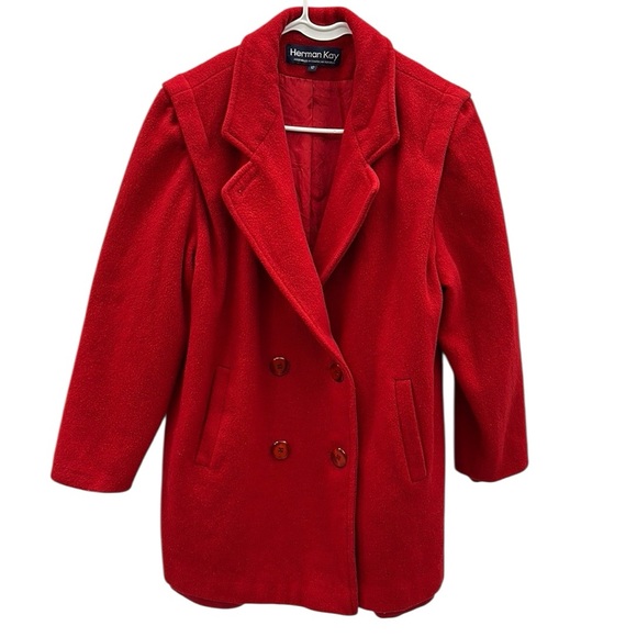 Herman Kay Vintage Red Wool Double Breasted Coat with Shoulder Pads Womens 12 - Picture 9 of 13